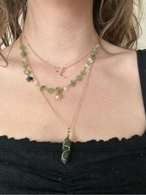 Gold-Tone Layered Necklace Set with Green Stone Chips and Pendant